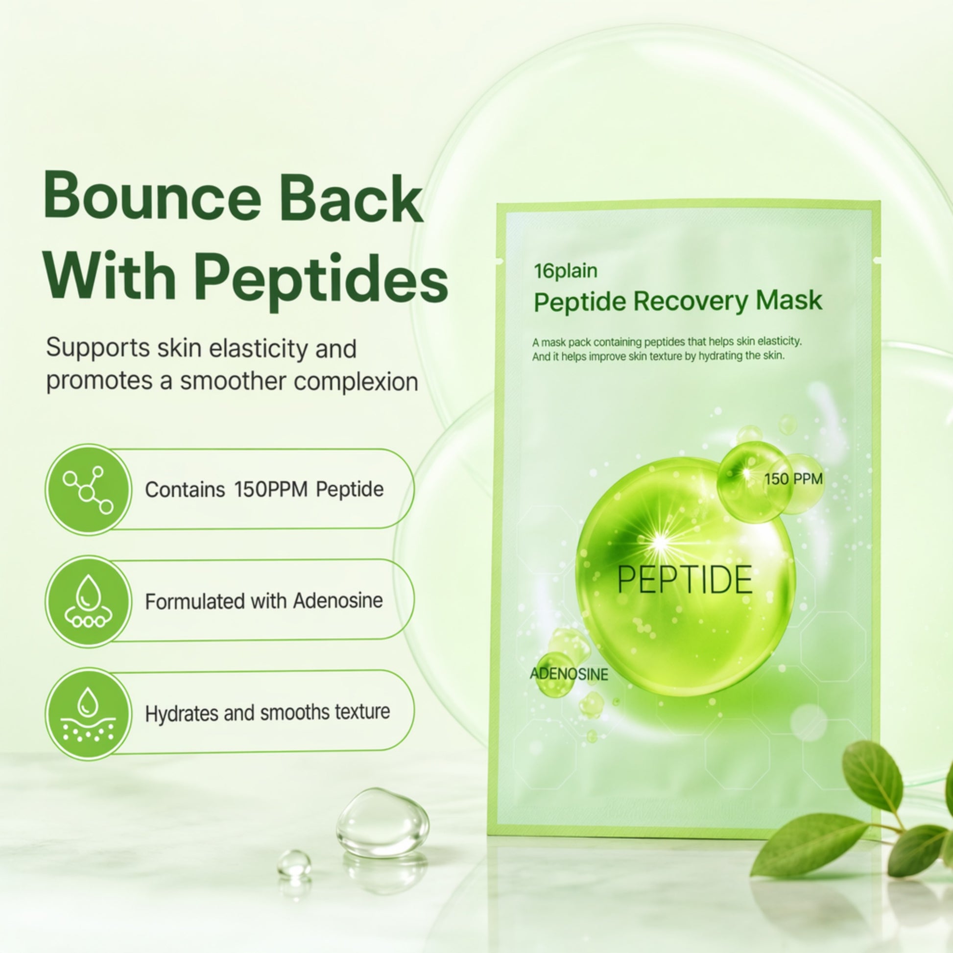 Skinkrew Peptide Recovery Korean Sheet Mask | Face Mask with 150 PPM Peptide & Adenosine for Skin Elasticity & Firmness | Made in Korea | Single Sheet, 25 mL