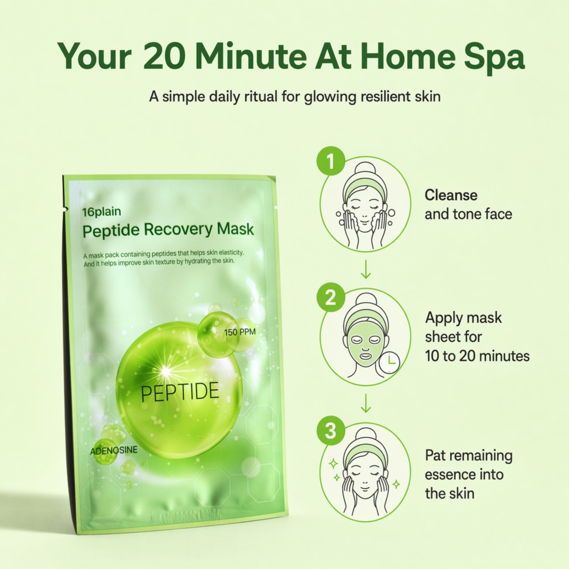Skinkrew Peptide Recovery Korean Sheet Mask | Face Mask with 150 PPM Peptide & Adenosine for Skin Elasticity & Firmness | Made in Korea | Single Sheet, 25 mL